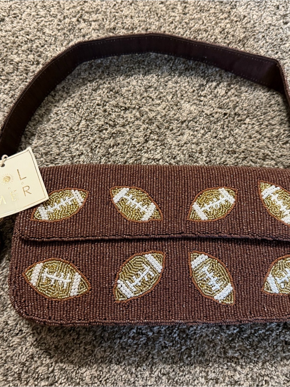 NWT SOL AND MER Beaded Football Pattern Shoulder Bag purse Brown Hard to find